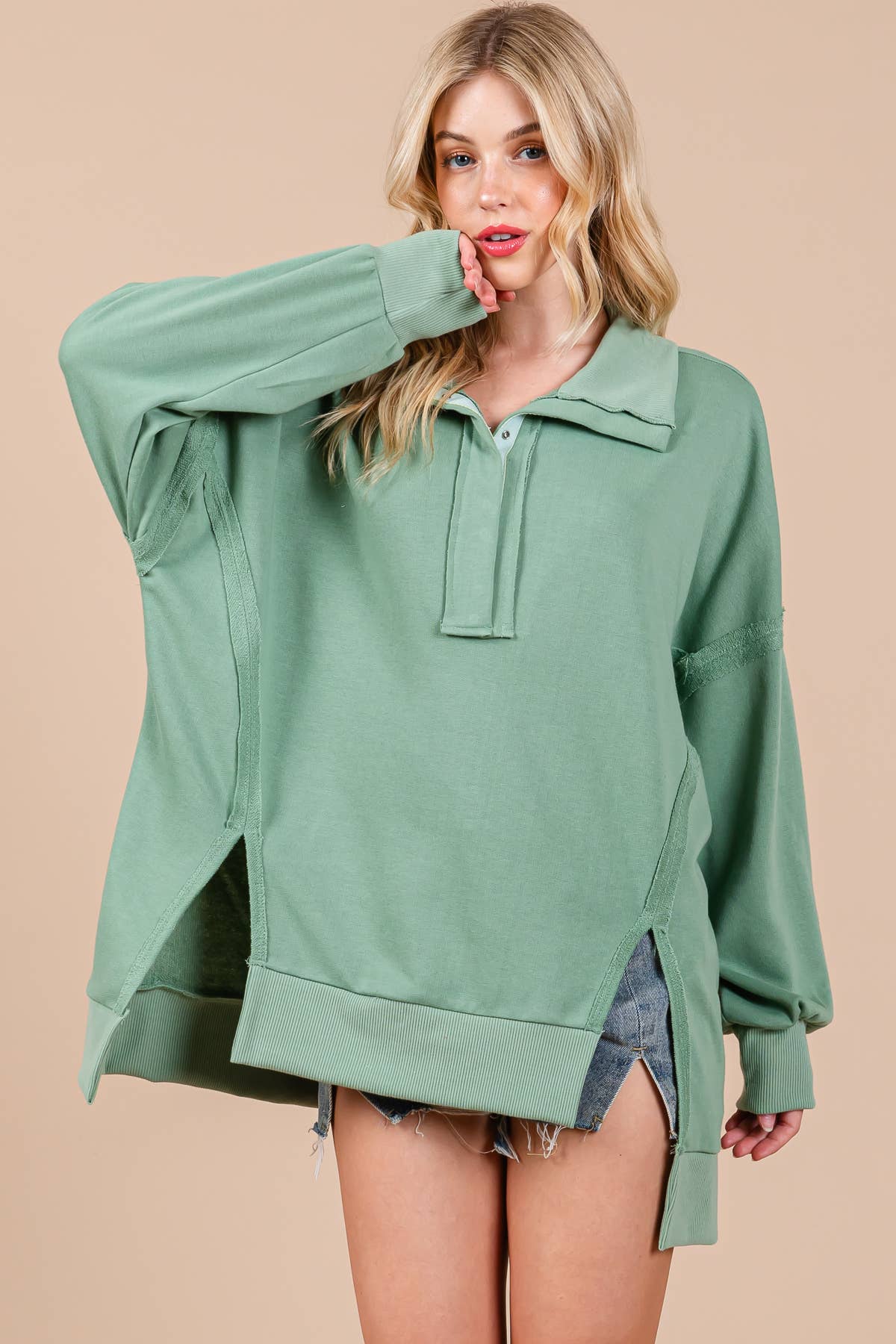 Sage Hi-lo Button Down Sweatshirt