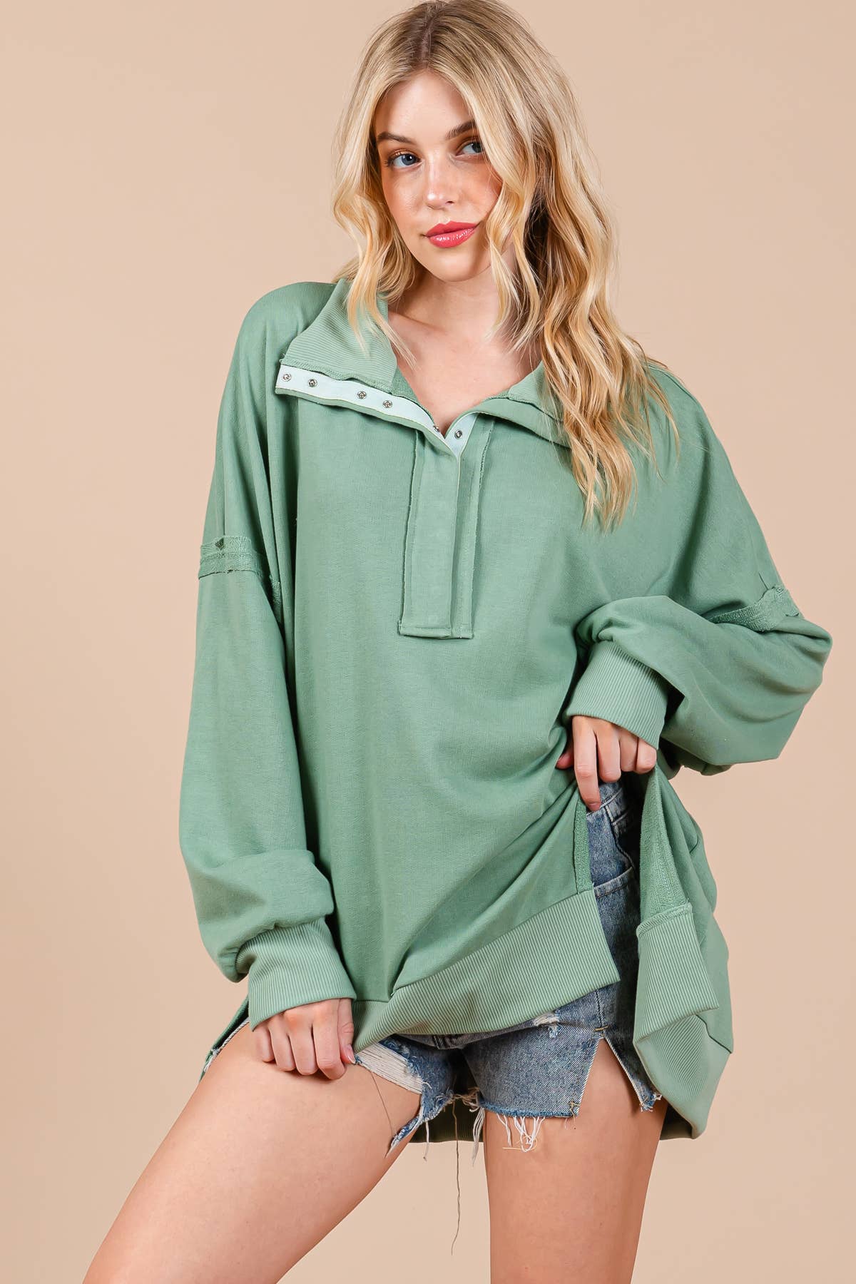 Sage Hi-lo Button Down Sweatshirt