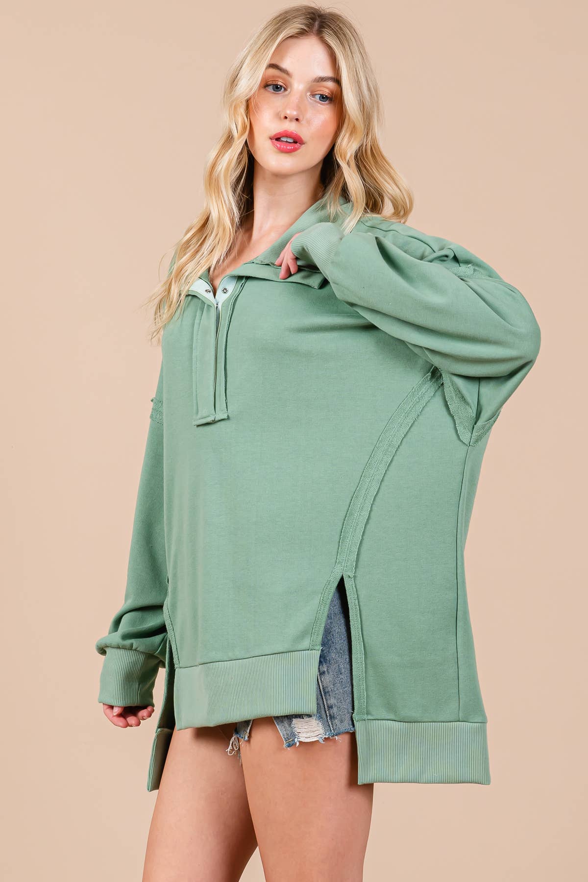 Sage Hi-lo Button Down Sweatshirt