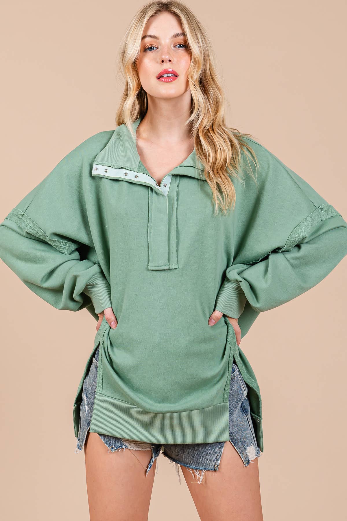 Sage Hi-lo Button Down Sweatshirt