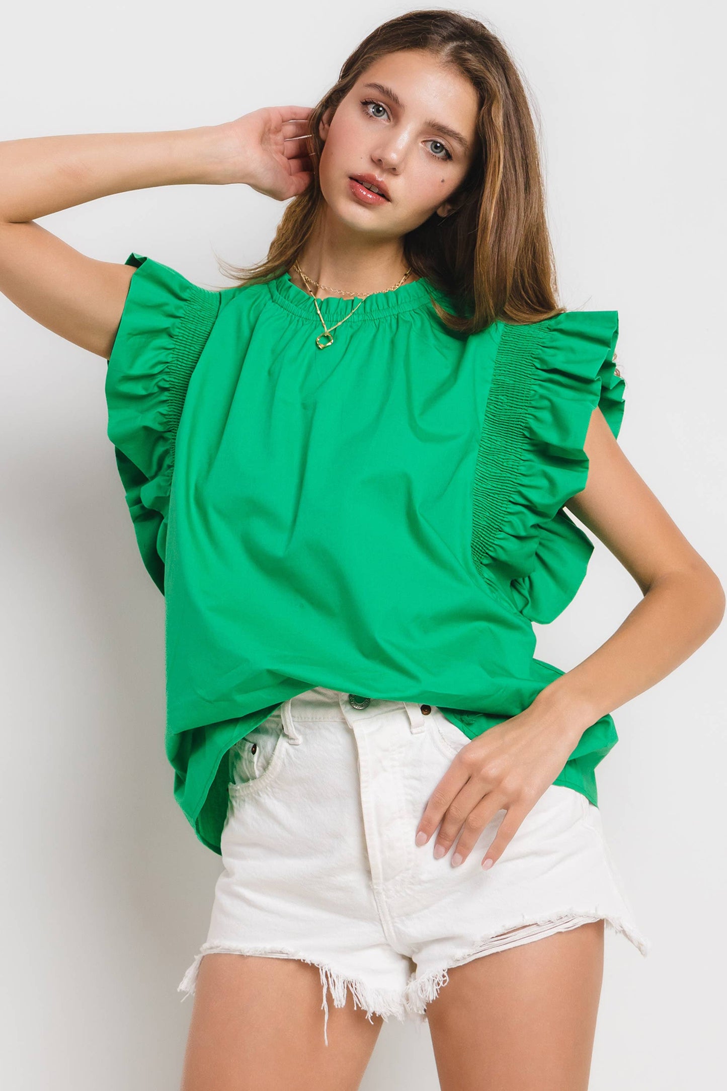 Green Poplin Ruffled Sleeve Top