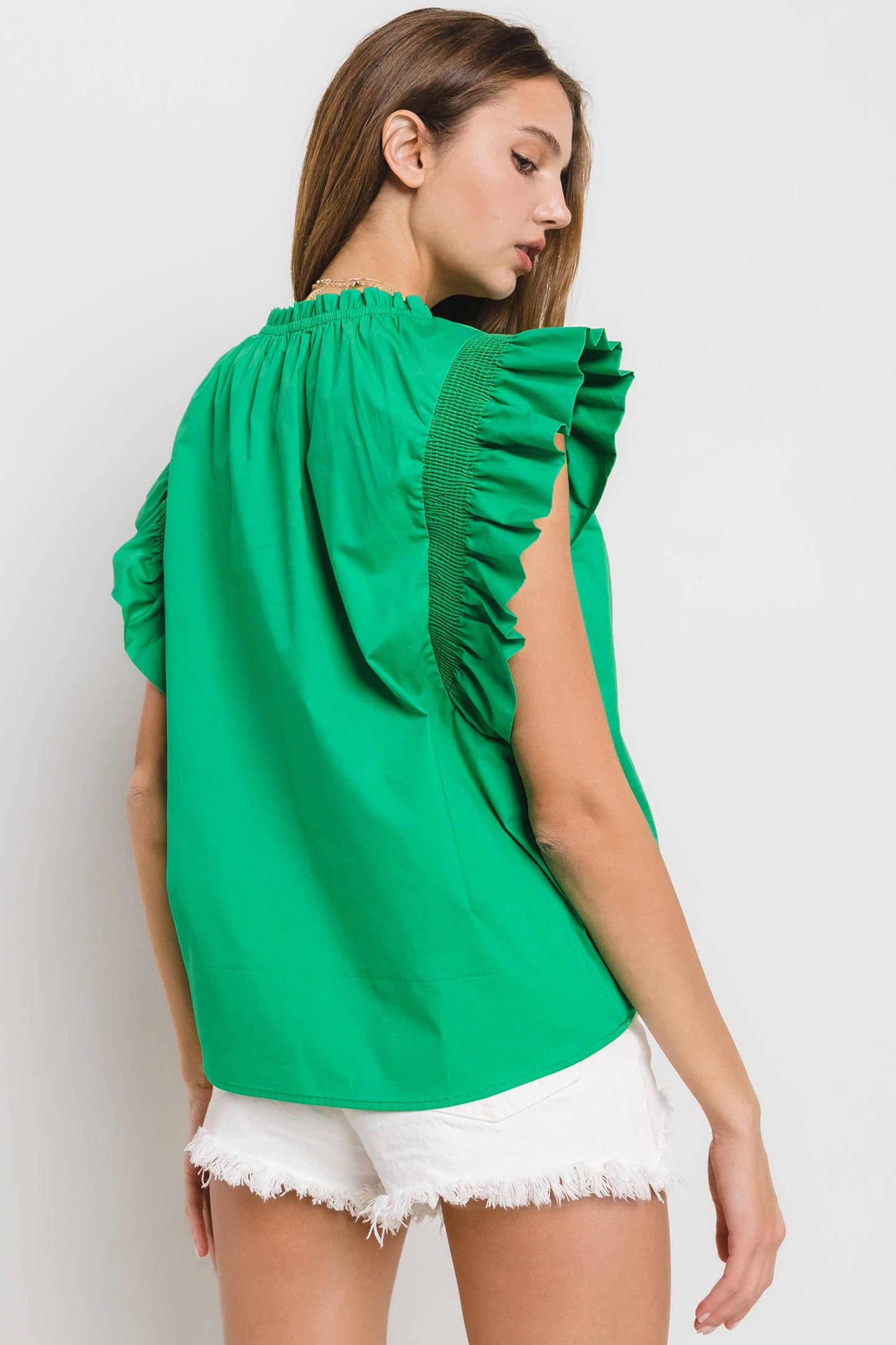 Green Poplin Ruffled Sleeve Top