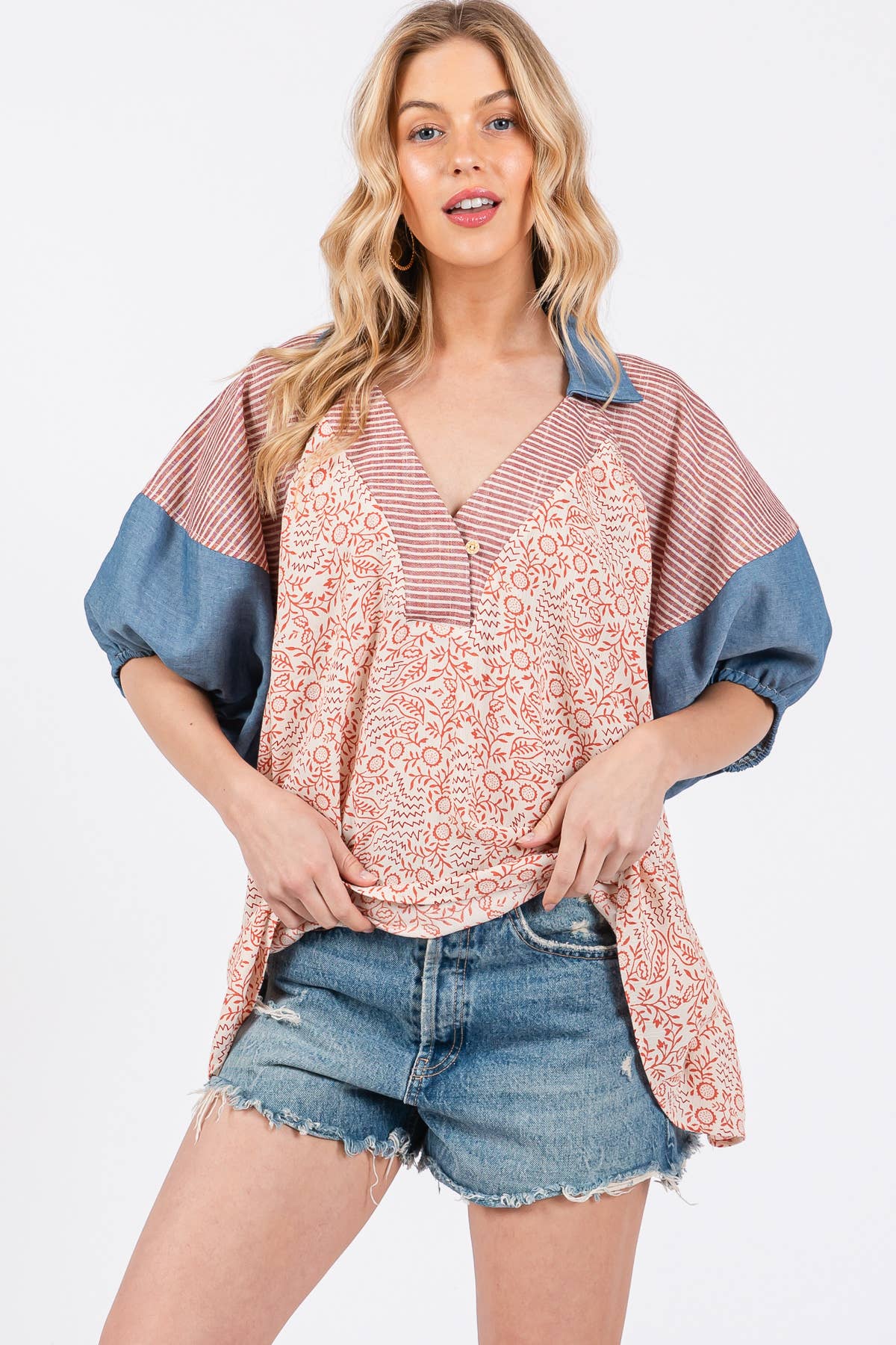 Floral Print Puff Sleeve Tunic Top