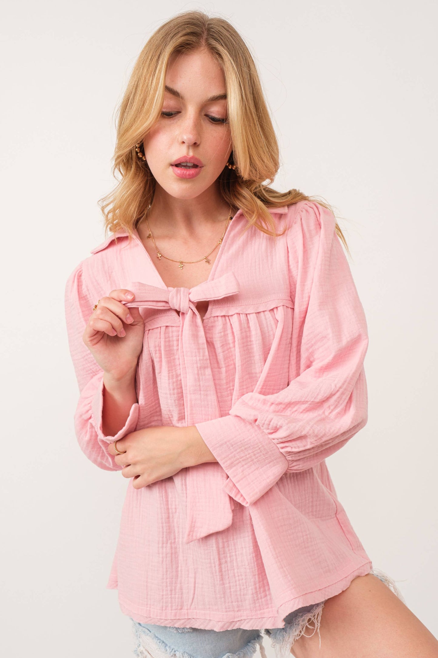Ces Femme - Pink Bow Gauze Tie Front Shirring Blouse