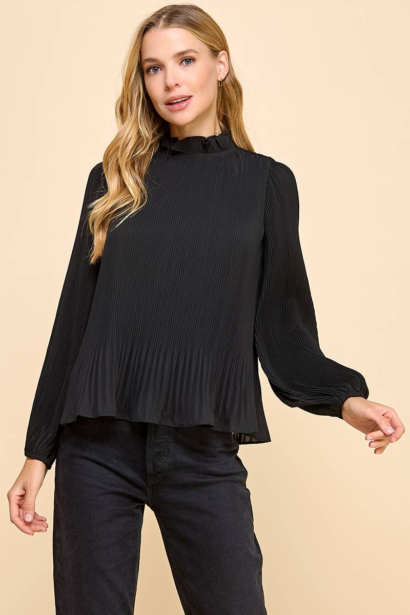 Pleated Black Mock Neckline Top