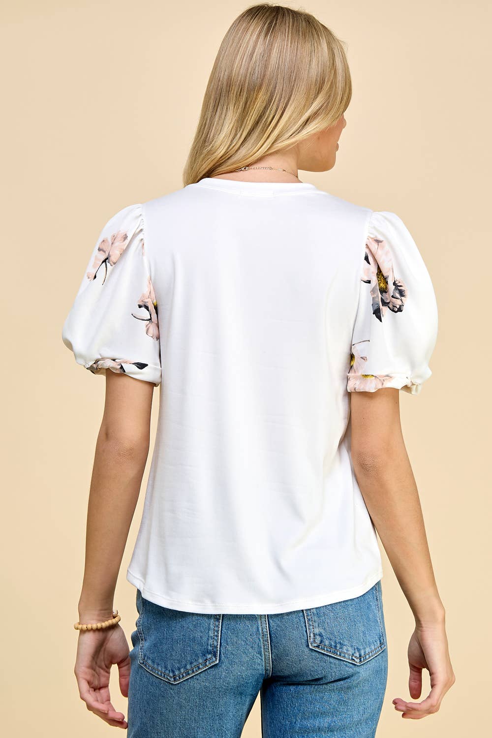 Ivory Top with Floral Printed Puffed Sleeves