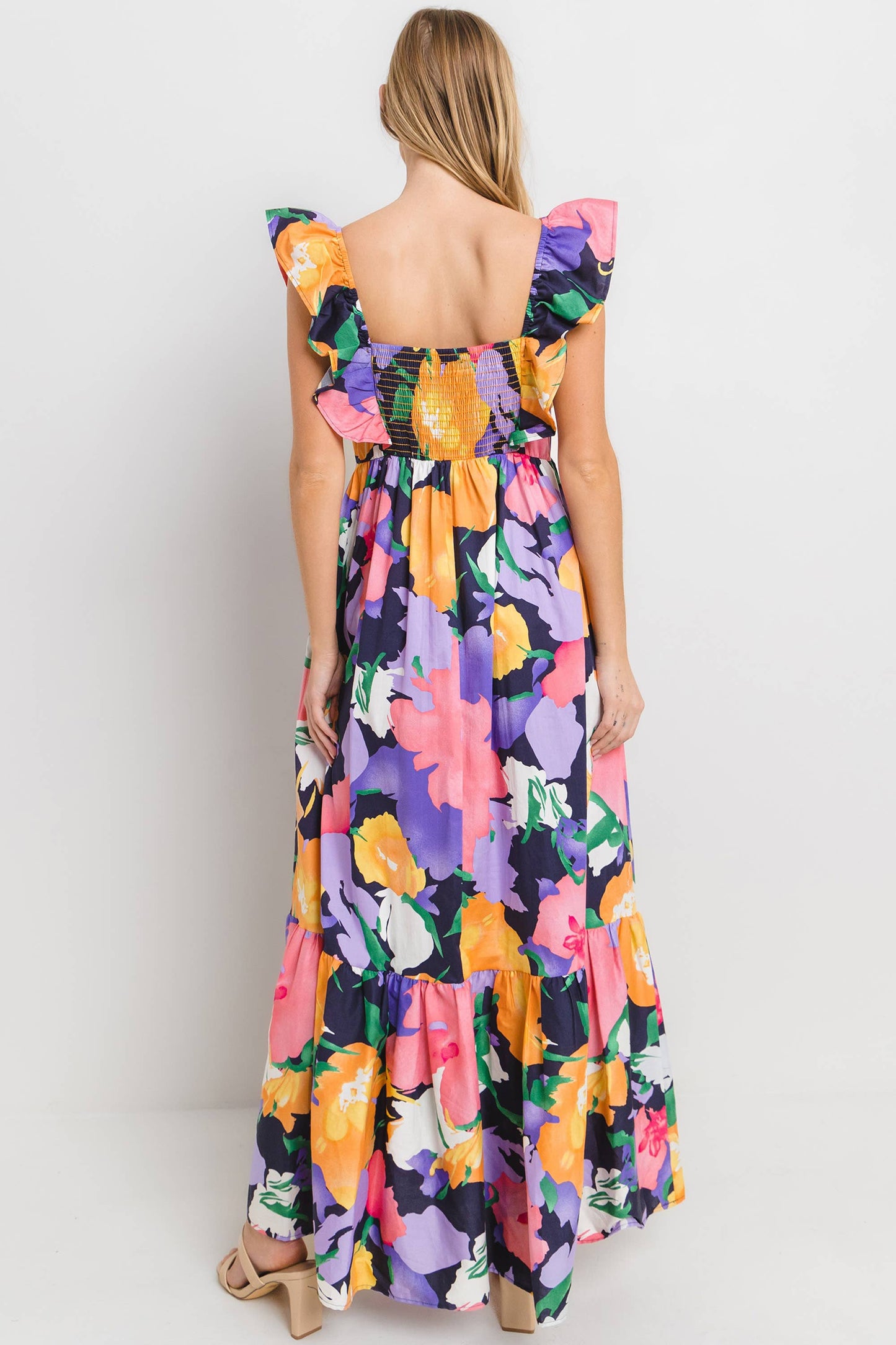 Navy Multi Floral Print Tiered Maxi Dress