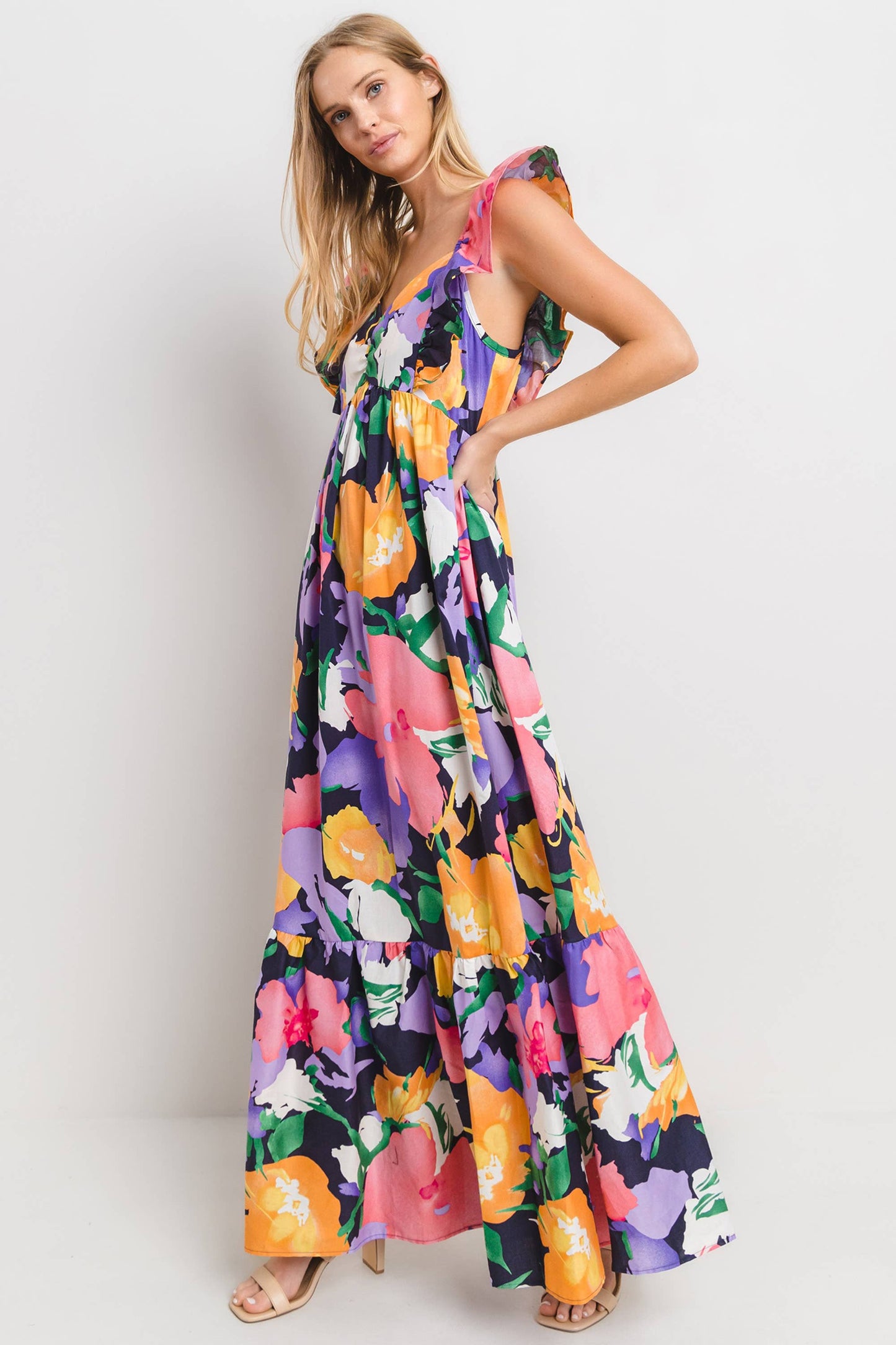 Navy Multi Floral Print Tiered Maxi Dress