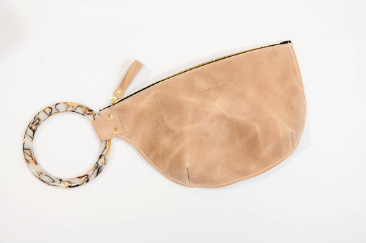 Designed For Joy - Ring Handle Inez Leather Wristlet: Tan