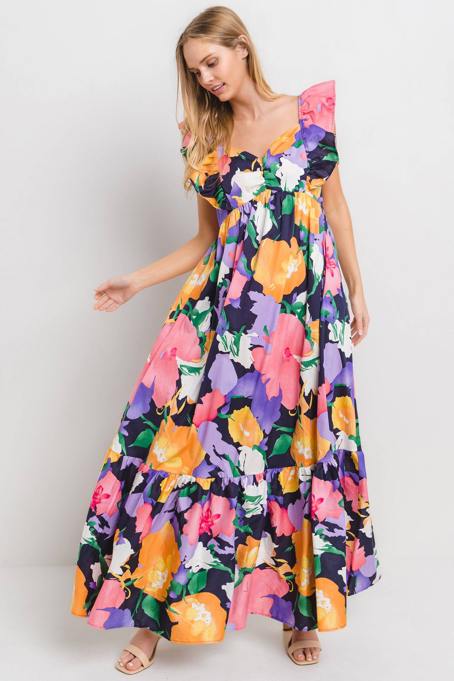 Navy Multi Floral Print Tiered Maxi Dress