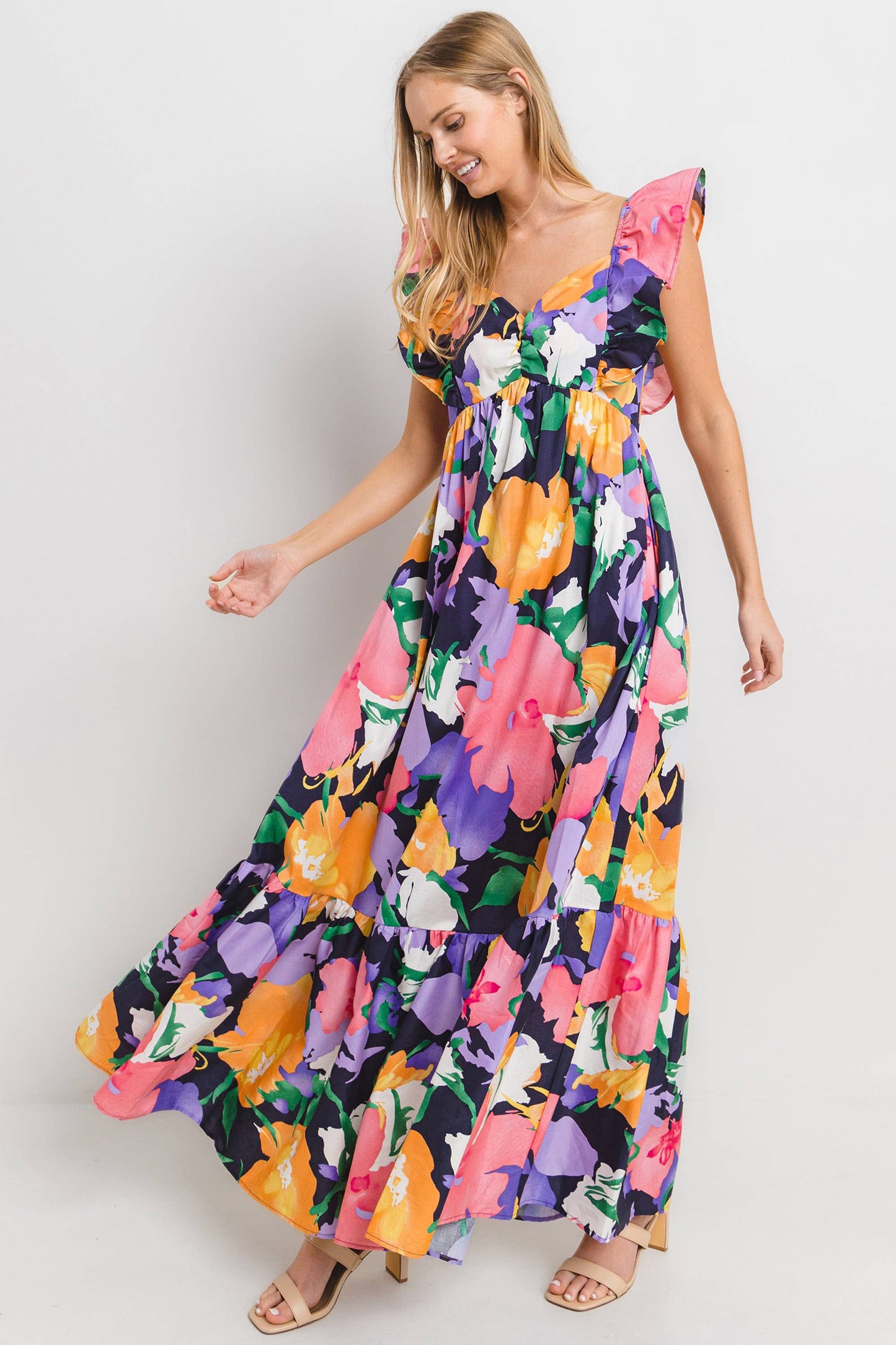 Navy Multi Floral Print Tiered Maxi Dress