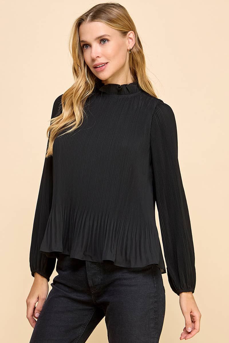 Pleated Black Mock Neckline Top