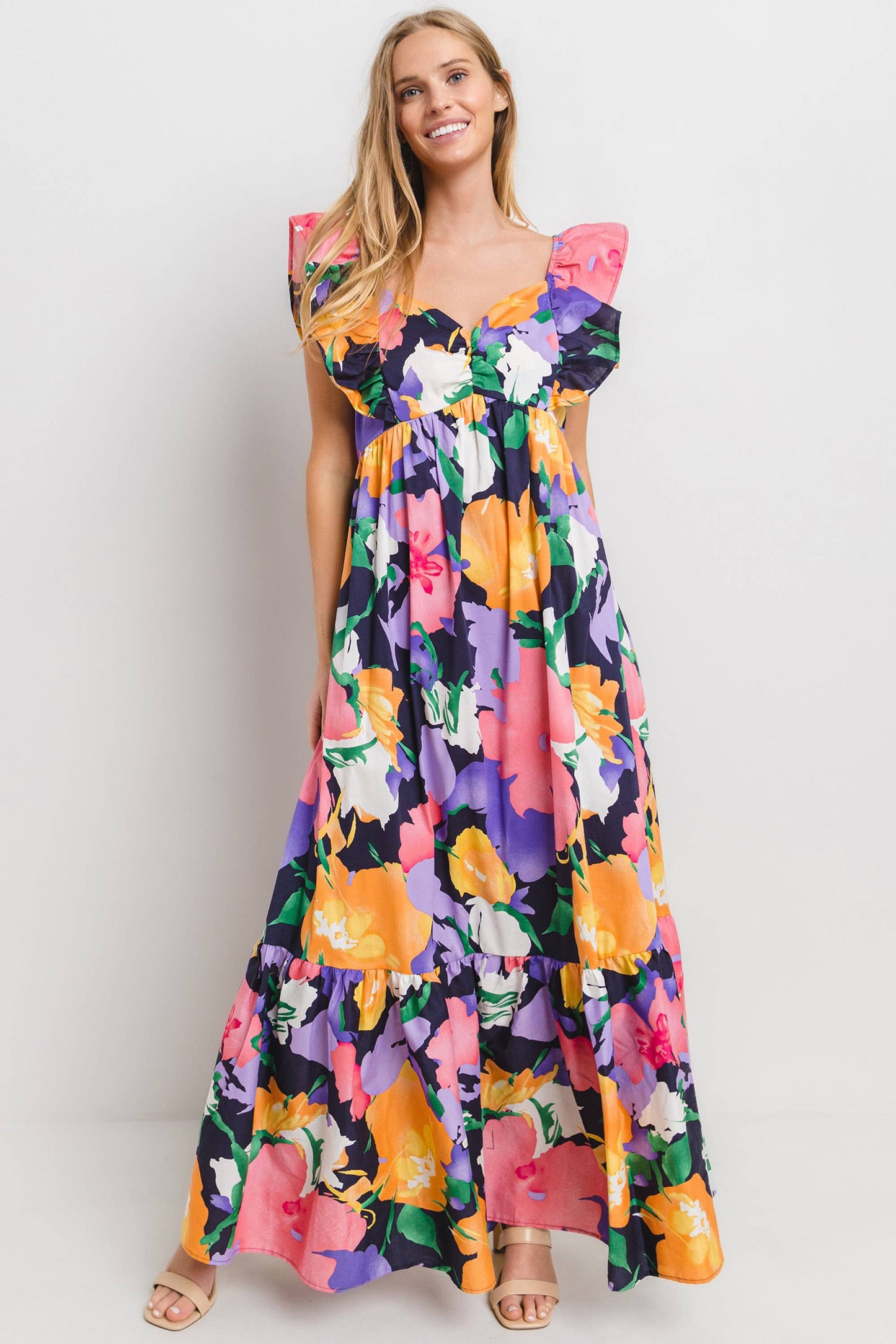 Navy Multi Floral Print Tiered Maxi Dress