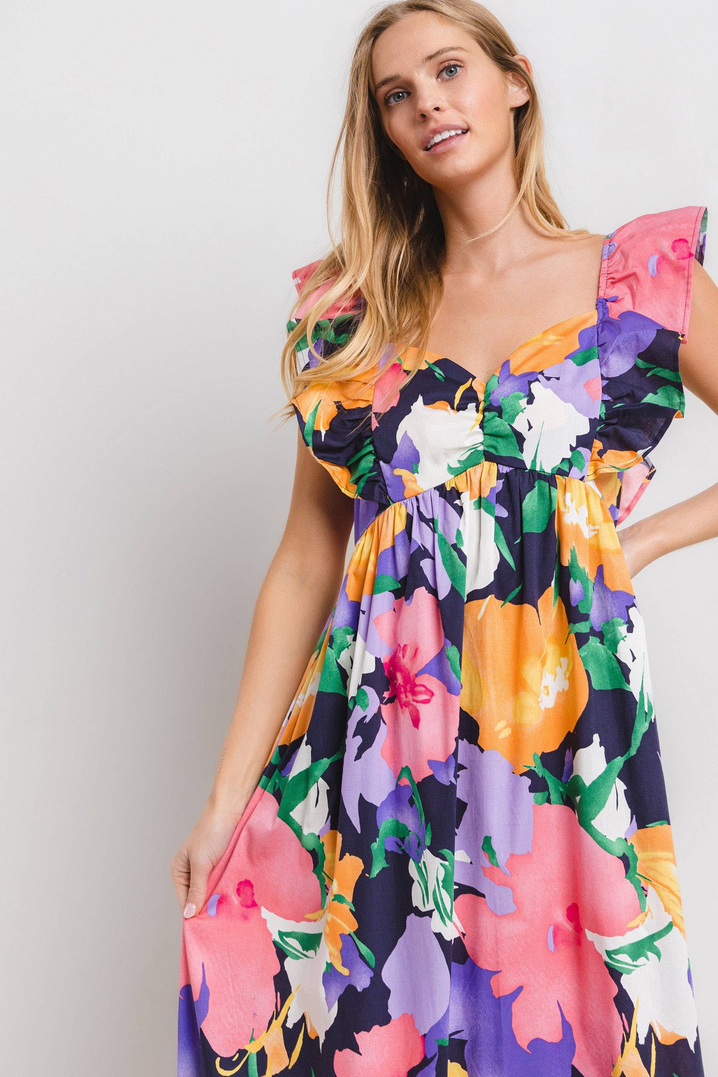 Navy Multi Floral Print Tiered Maxi Dress