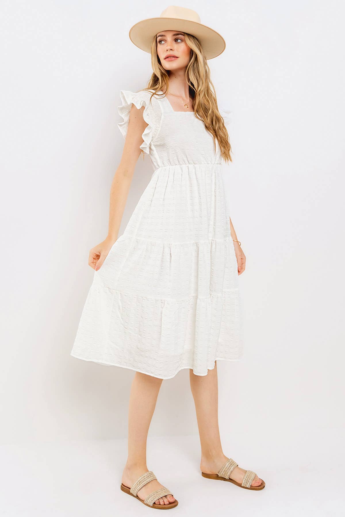 White Textured Tiered Ruffle Sleeve Midi Dress
