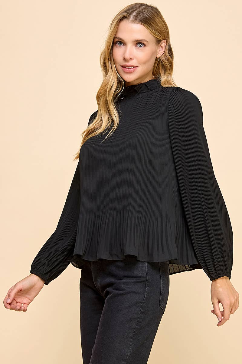 Pleated Black Mock Neckline Top