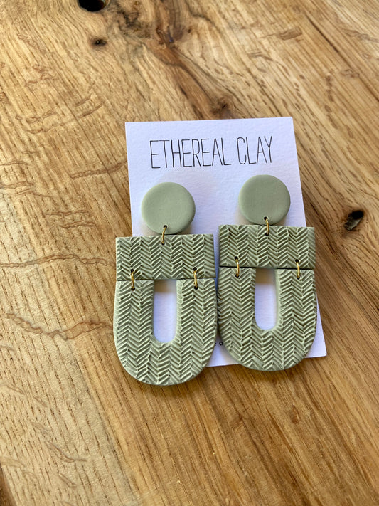 Handmade Sage Chevron Textured Clay Earrings