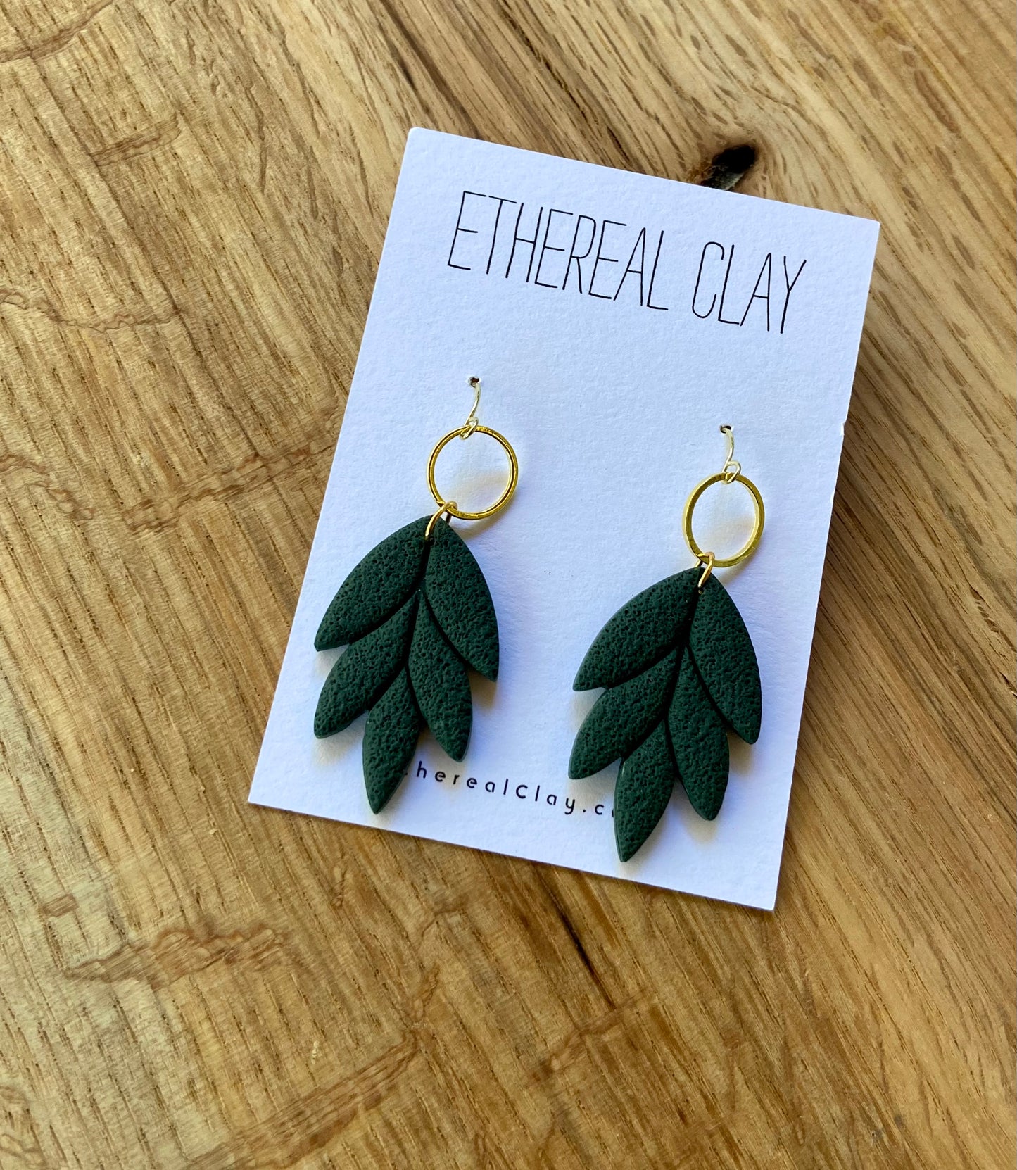 Handmade Pine Green Textured Leaf Dangle Clay Earrings