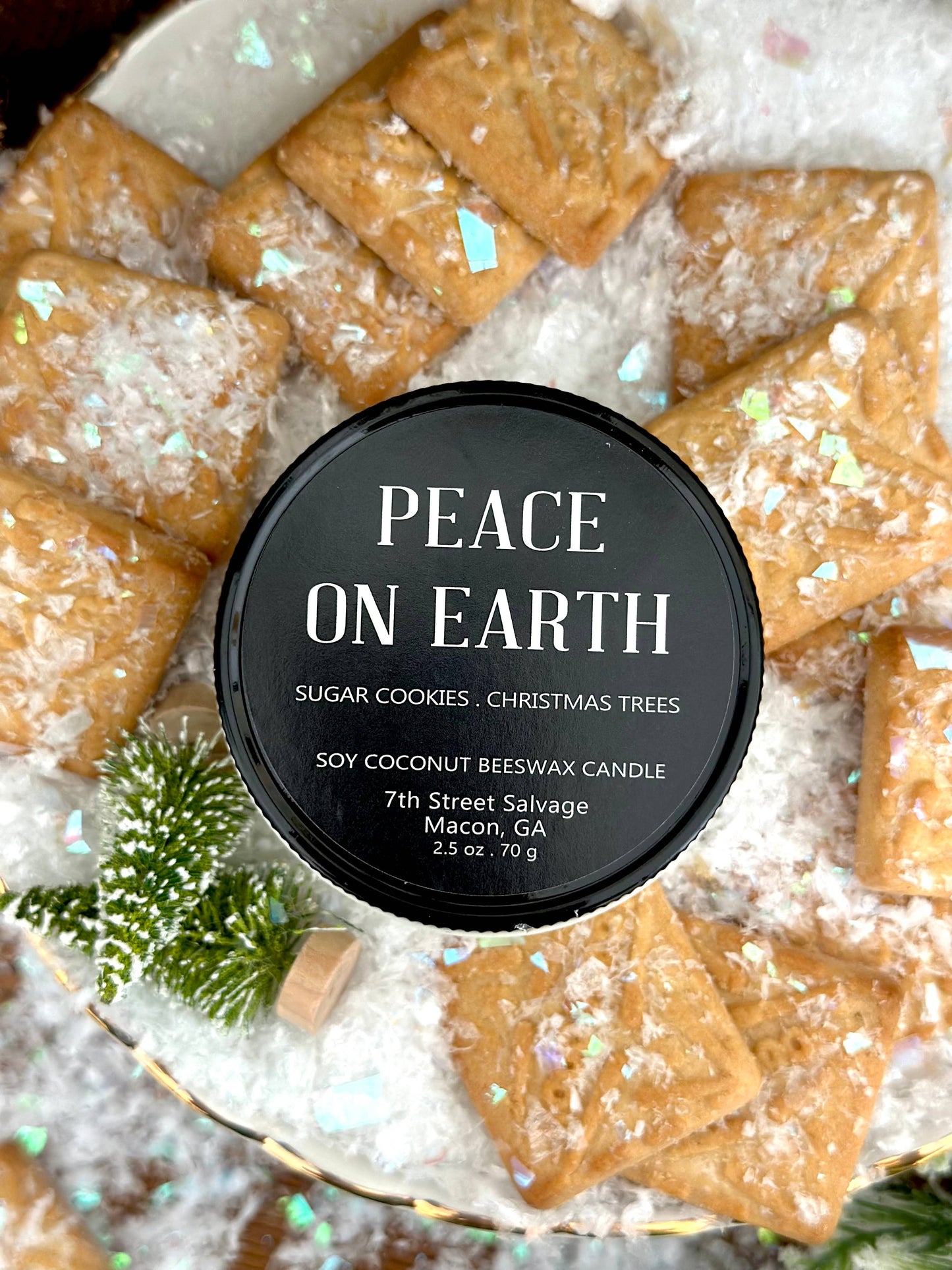 7th Street Salvage - Small Peace On Earth Christmas Candle Recycled Glass Vanilla