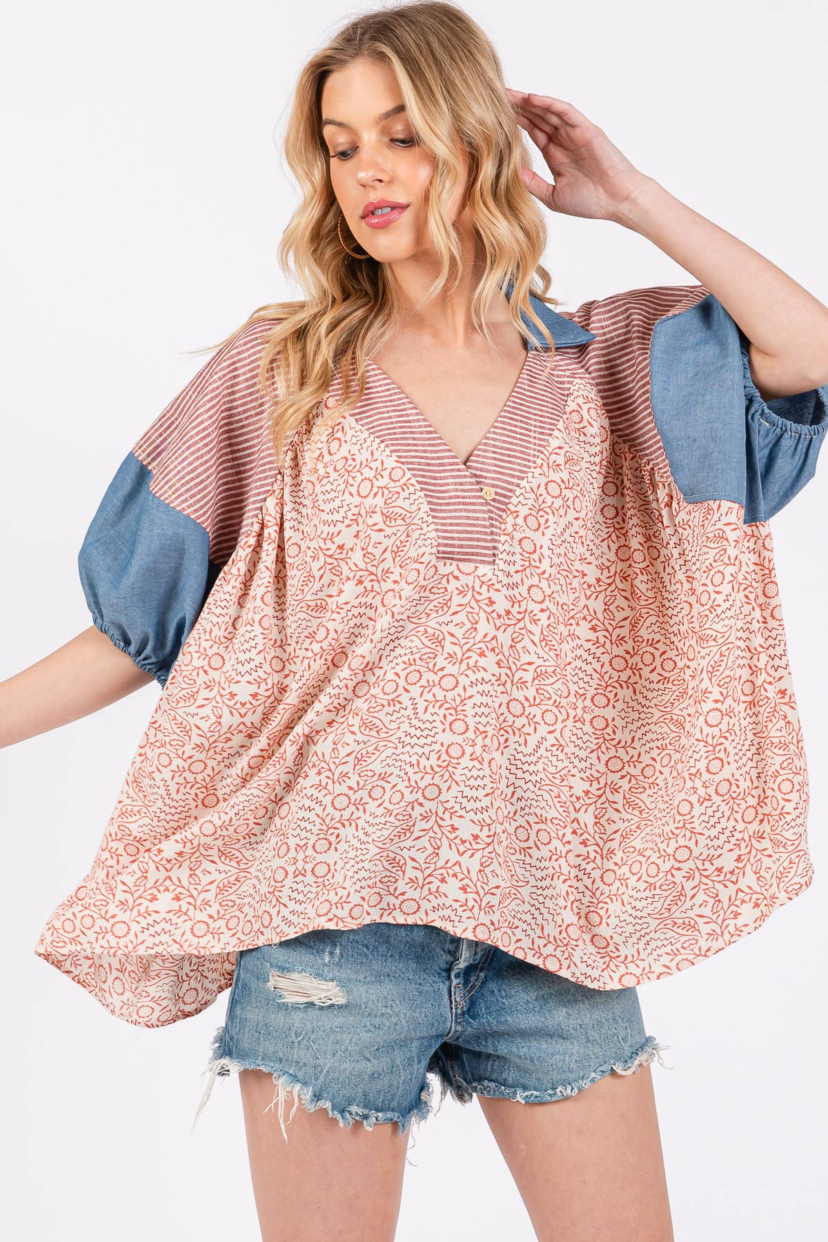 Floral Print Puff Sleeve Tunic Top