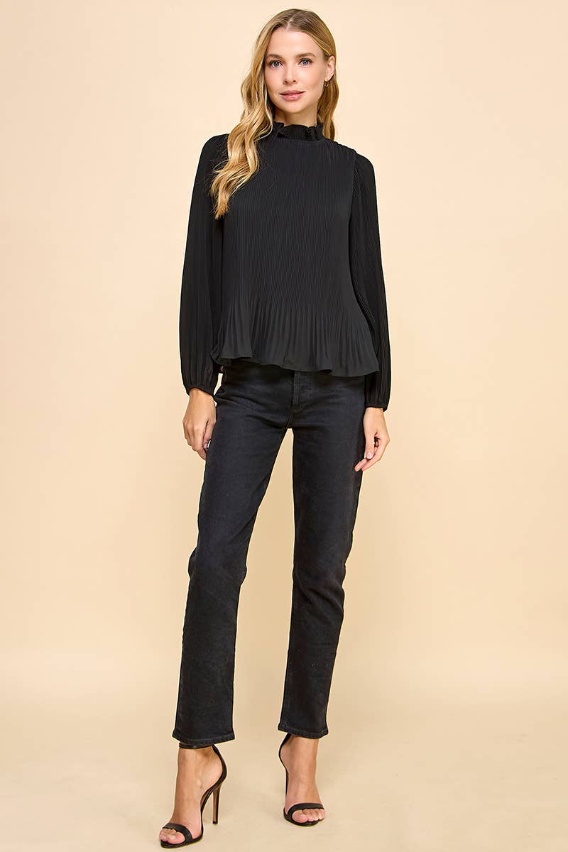 Pleated Black Mock Neckline Top