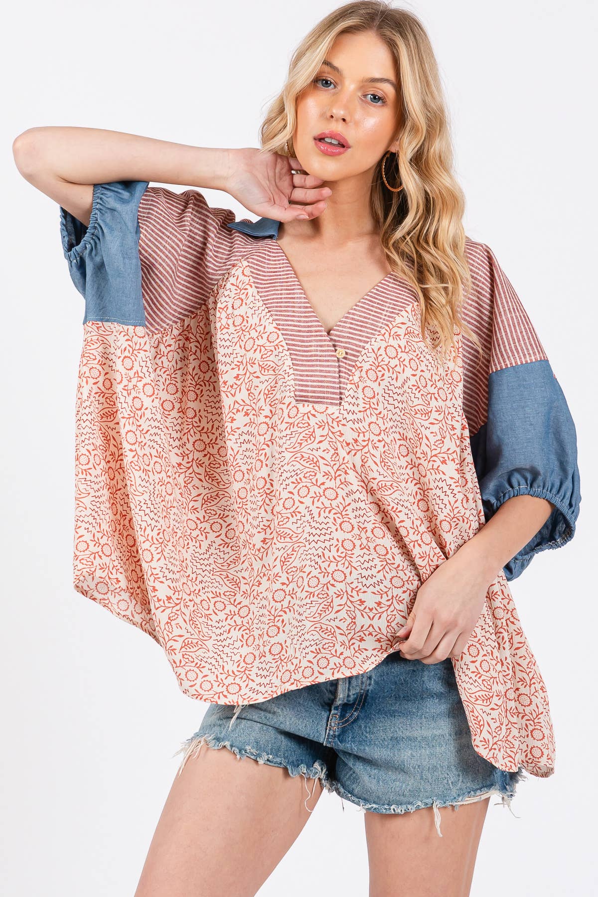 Floral Print Puff Sleeve Tunic Top