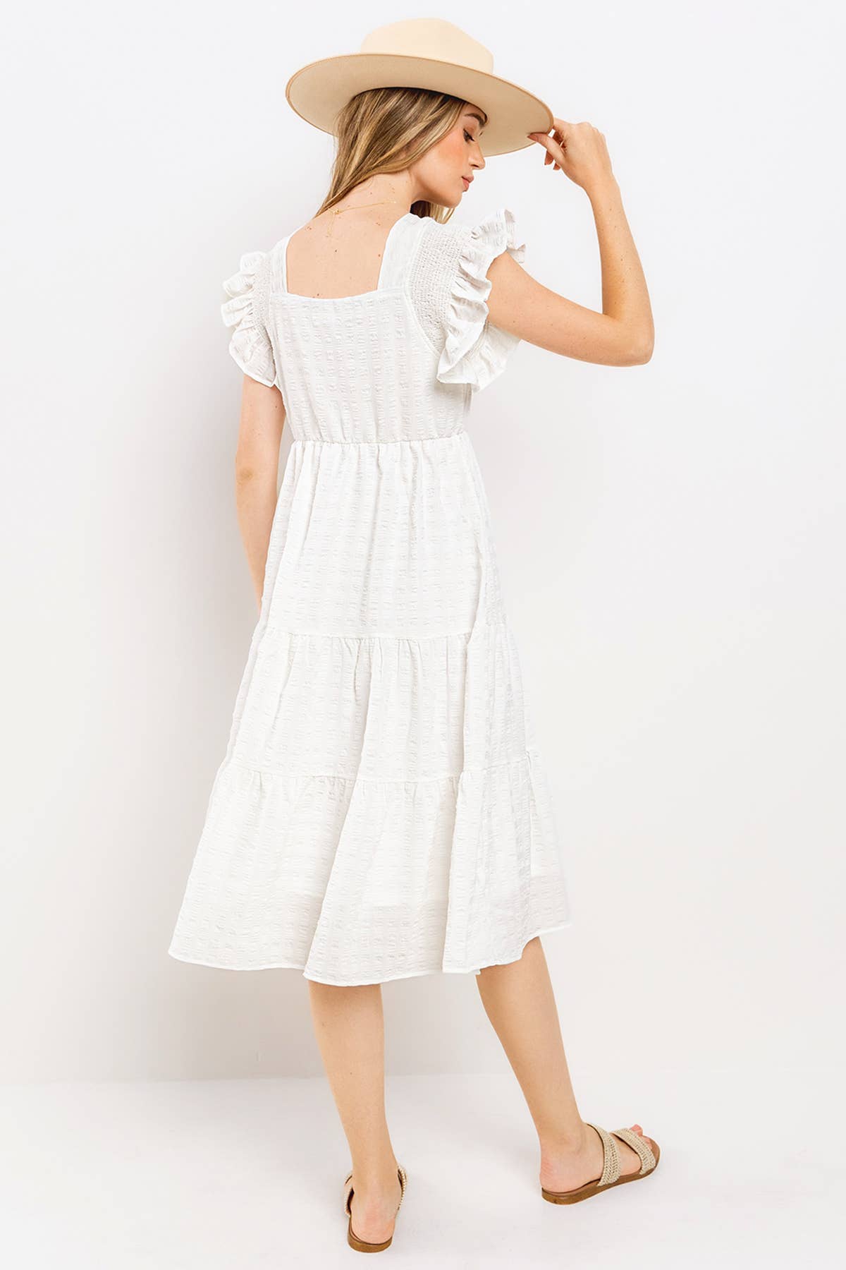 White Textured Tiered Ruffle Sleeve Midi Dress