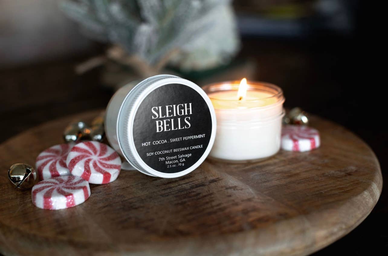 Sleigh Bells Christmas Small Metal Lid Candle