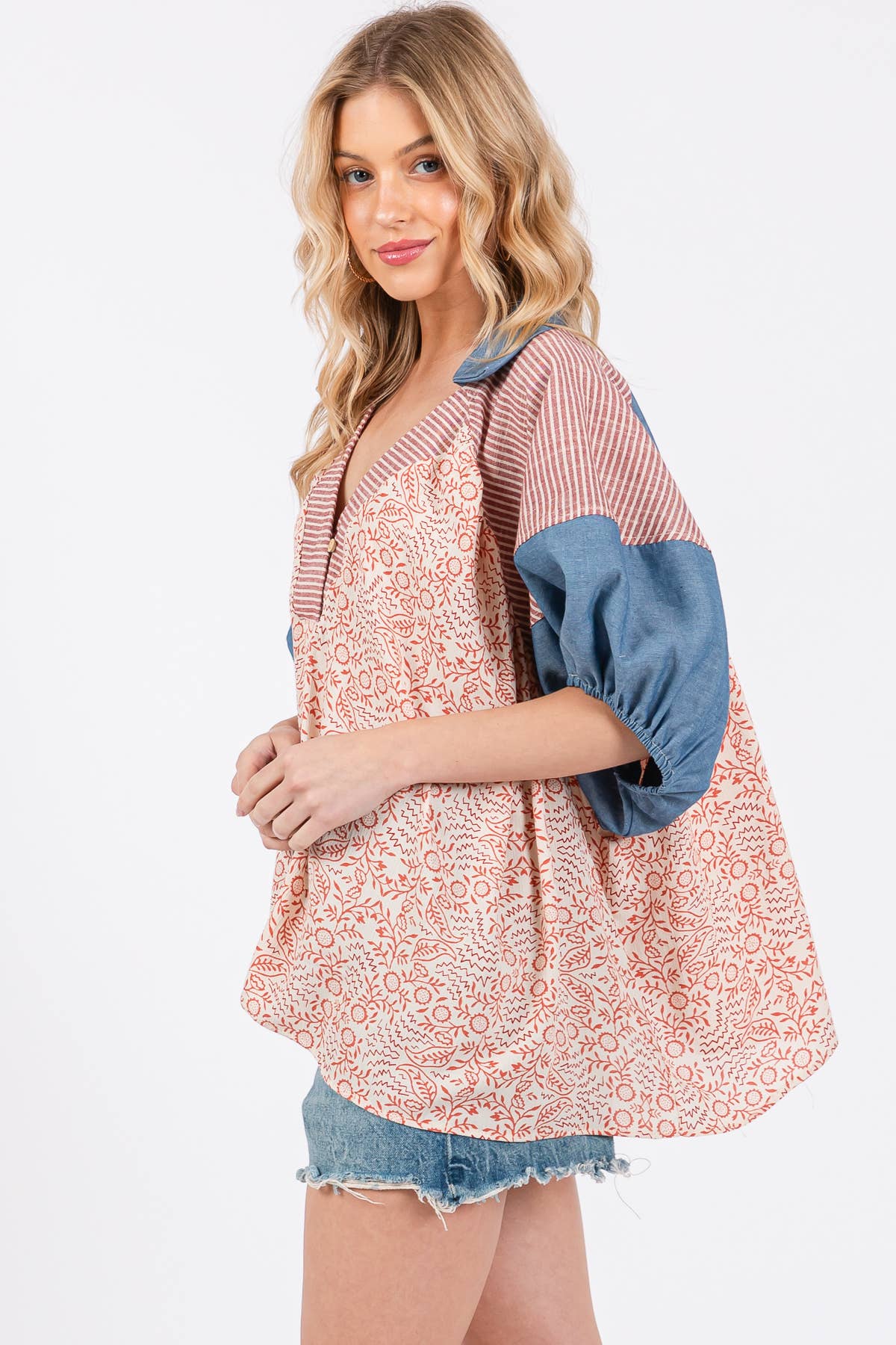 Floral Print Puff Sleeve Tunic Top