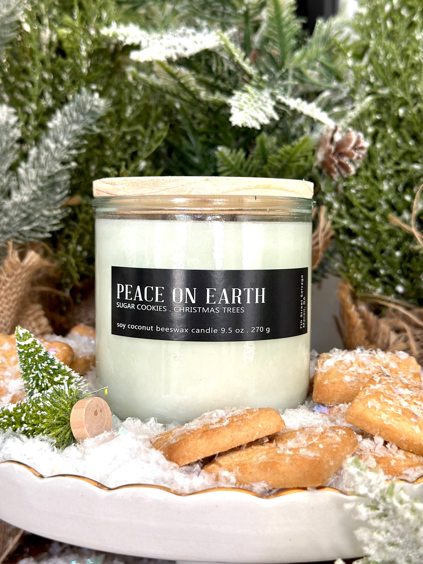 7th Street Salvage - Large Peace On Earth Christmas Candle Recycled Glass Vanilla