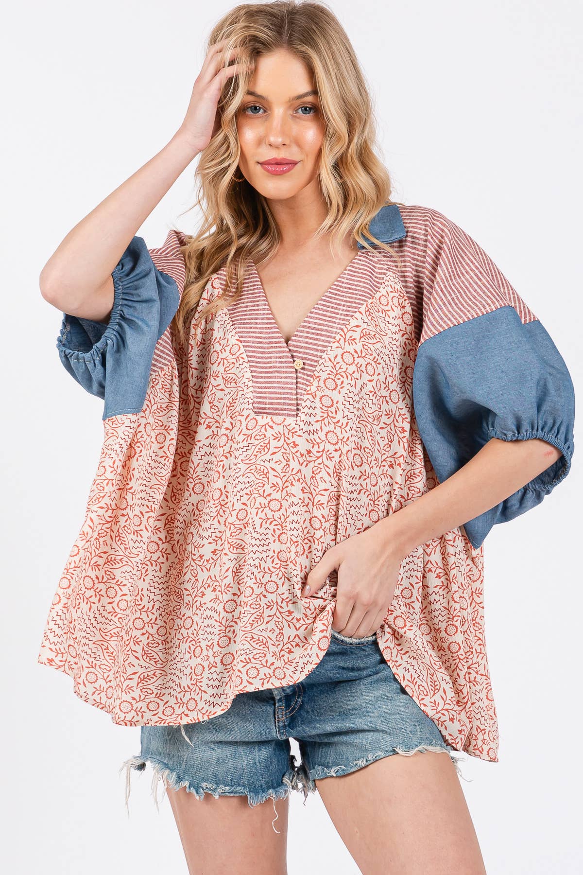 Floral Print Puff Sleeve Tunic Top