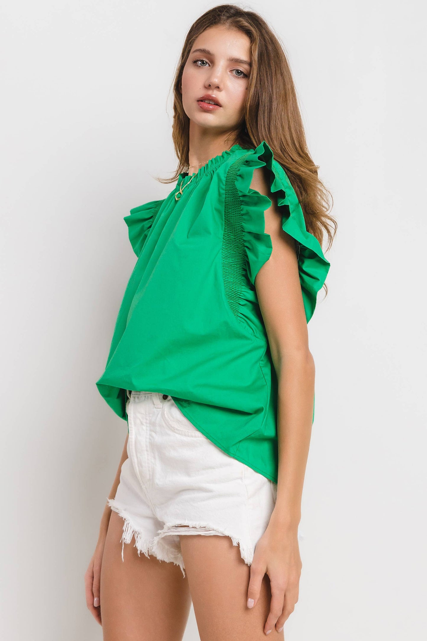 Green Poplin Ruffled Sleeve Top