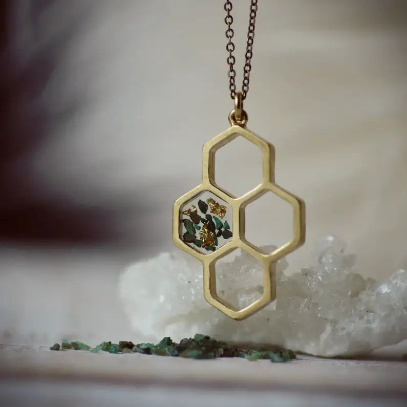 Cameoko - The Honeycomb Necklace: TURQUOISE + GOLD LEAF / 30" ANTIQUE BRONZE