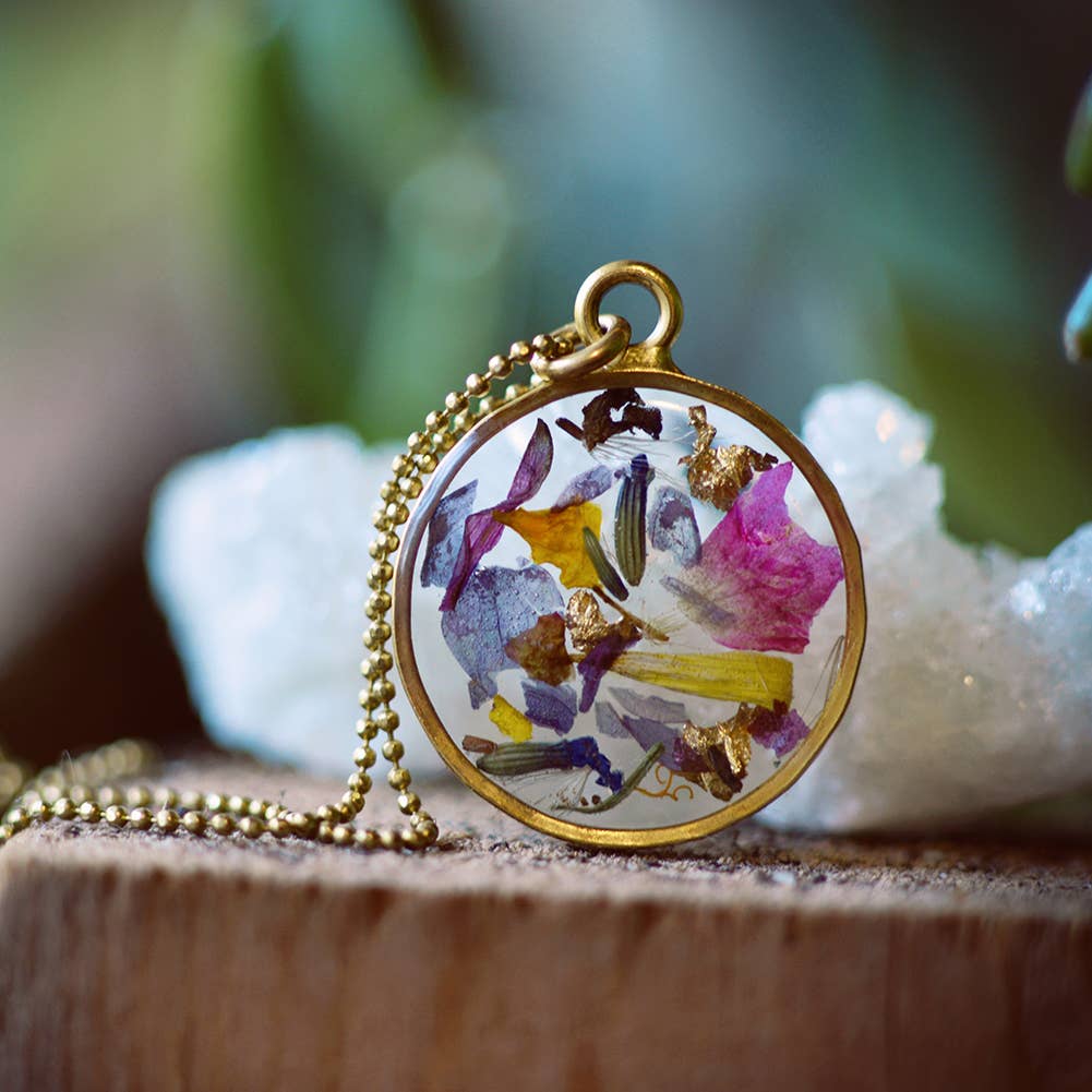Cameoko - Garden Party Necklace ~ Dried flower petals in resin: 18" simple chain