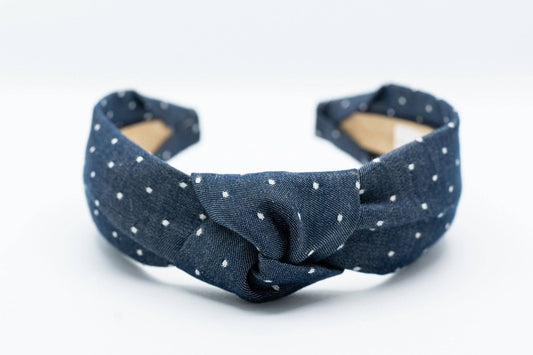 Maddie and Me Handmade - Knotted Headband Chambray Polka Dot Blue Indigo