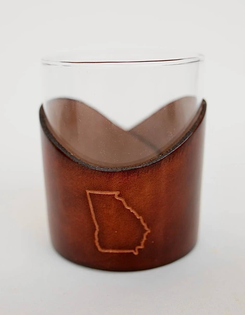 Lindy Leather - Leather Rocks Glass - Custom State Leather Wrap Barware: Georgia