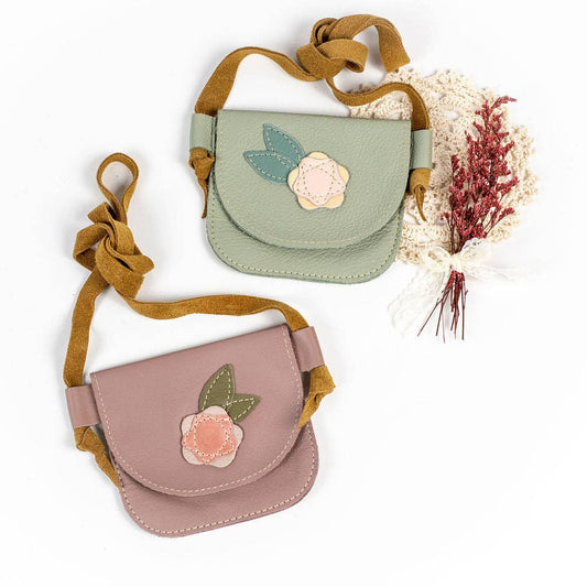 Handmade Flowers on Dusty Rose or Tea Green Leather Kids Purse