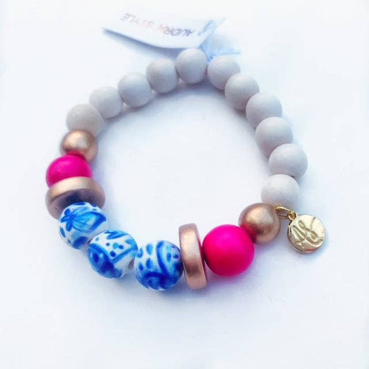 Audra Style - Blue White Fuchsia Gold Disk Colorful Stacking Bracelet