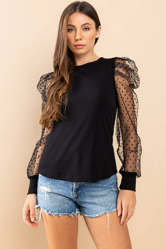 Ces Femme - Solid Ribbed Knit Mesh Top